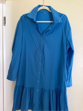 Blue Button-Down Ruffle Hem Shirt Dress